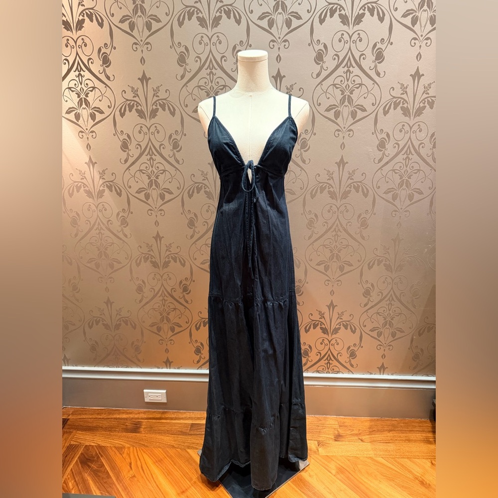 7 For All Mankind Dark Denim Maxi Dress Tie Front Keyhole Tiered Size XS